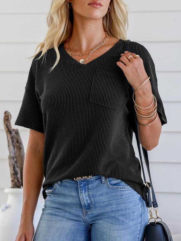 Women's Plain Textured Pocket V Neck Tee, Casual Drop Shoulder Half Sleeve T-Shirt for Fall, Ladies Clothes for Daily Wear