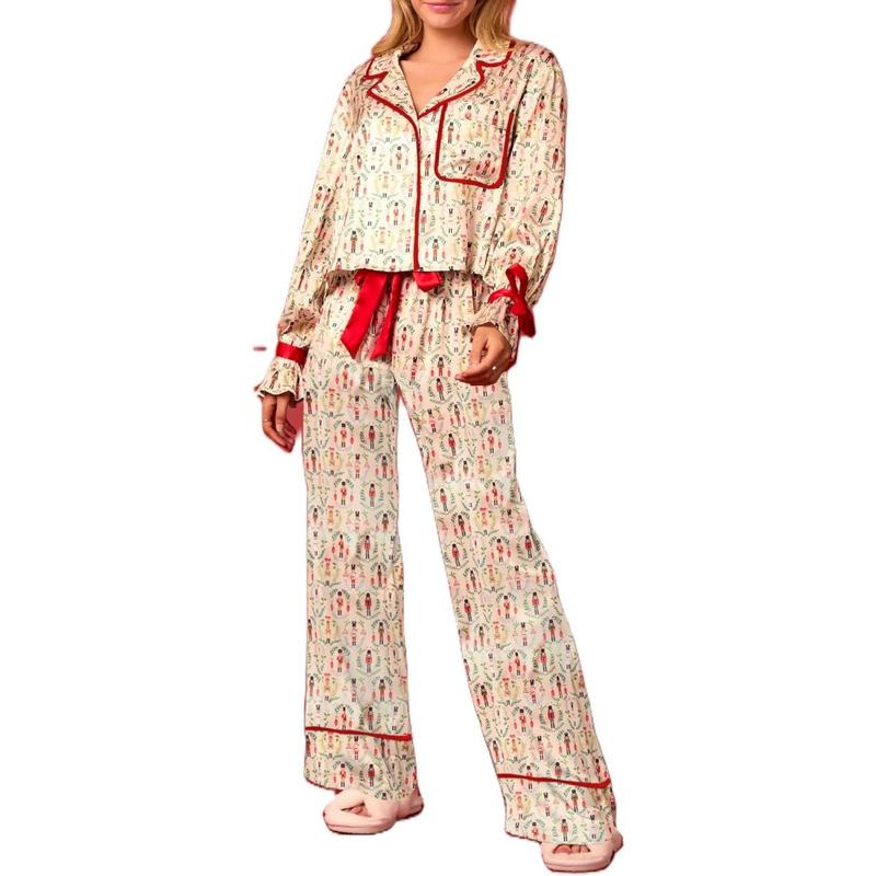 Christmas Pajamas for Women Bow Tie Long Sleeve Shirt Pants Satin Silk Funny Graphic 2 Piece Pjs Set Sleepwear Loungewear Pajama Set