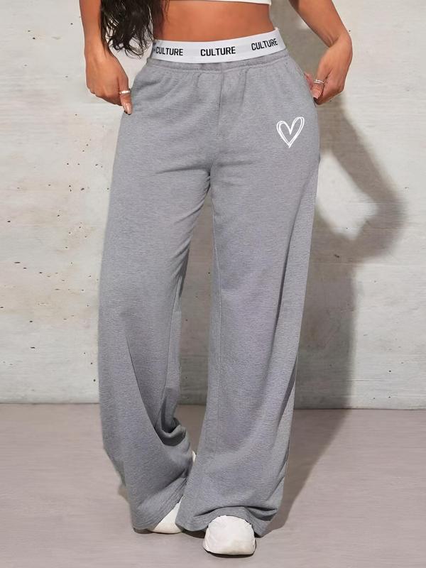 Women's Heart Print Pocket Wide Leg Sweatpants, Casual Comfy High Waist Letter Tape Trousers for Daily Wear, Ladies Bottoms for All Seasons