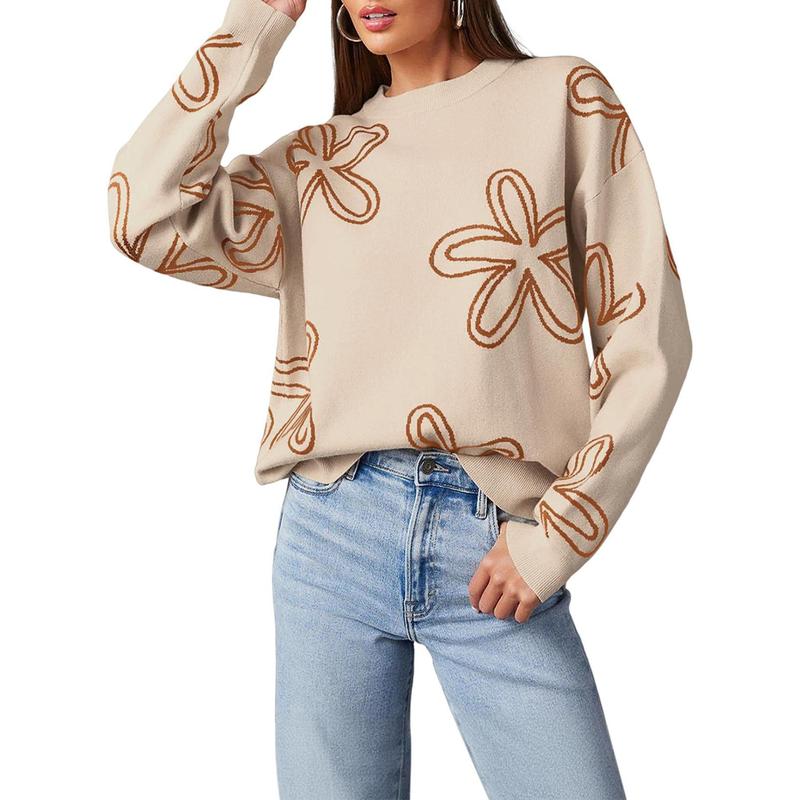 Dokotoo Sweaters for Women Casual Crewneck Long Sleeve Floral Print Cable Knit Pullover Sweater Tops