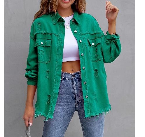 Women's Plain Button Front Ripped Coat Fit Tops Fashion Womenswear Comfortable Hipster Jackets sleeve pocket jacket casual long