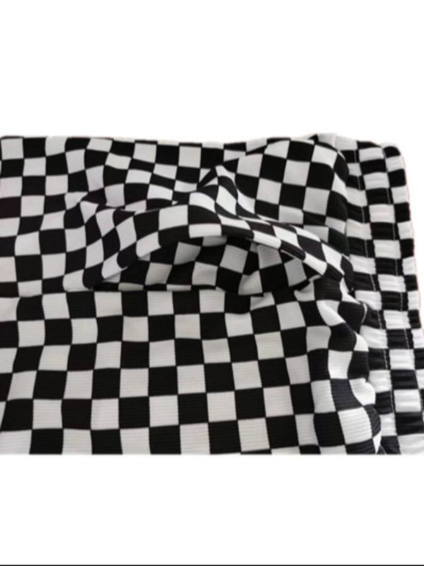 Women's All Over Checkerboard Print Drawstring Waist Straight Leg Pants, Casual Comfy High Waist Trousers for Daily Wear, Ladies Bottoms for All Seasons