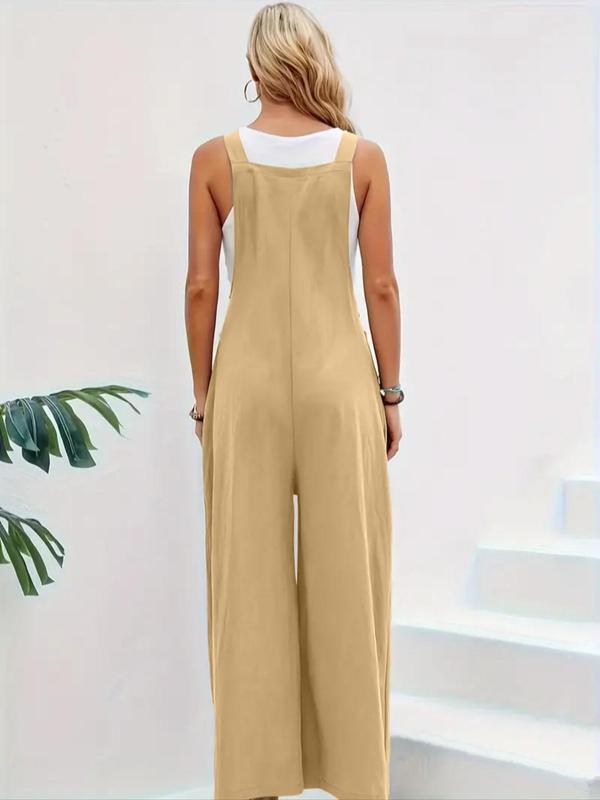 Women's Solid Button Plicated Wide Leg Jumpsuit without Inner Top & Necklace, Fashion Casual Sleeveless Pocket Jumpsuit for Daily Outdoor Wear, Ladies Clothes for All Seasons