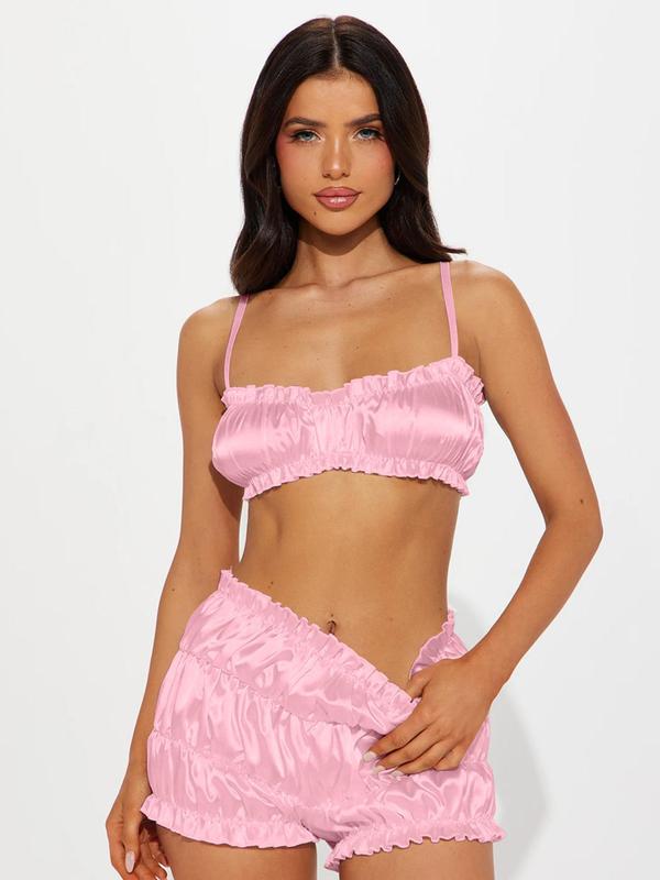 Women's Solid Frill Trim Crop Cami Top & Ruched Shorts Two-piece Set, Adjustable Strap Camisole & Shorts Satin Set, Women's Clothes for Summer, 2 Piece Sets Women, Summer Outfits 2024 Sets, Downtown Girl Clothes