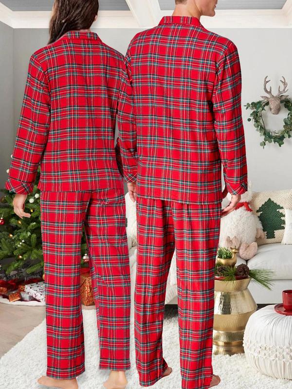 Two-Piece Set Couple's Plaid Print Button Front Pajama Set, Casual Comfy Lapel Long Sleeve Top & Elastic Waist Pants PJ Set, Couple Sleepwear for All Seasons