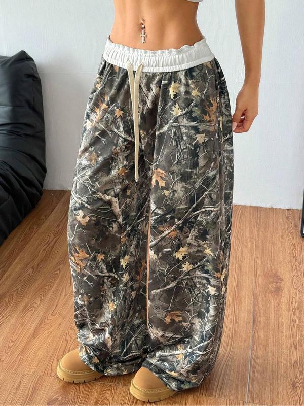 Women's Camo Print Drawstring Waist Wide Leg Pants, Casual Comfy Trousers for Daily Wear, Ladies Bottoms for Fall & Winter