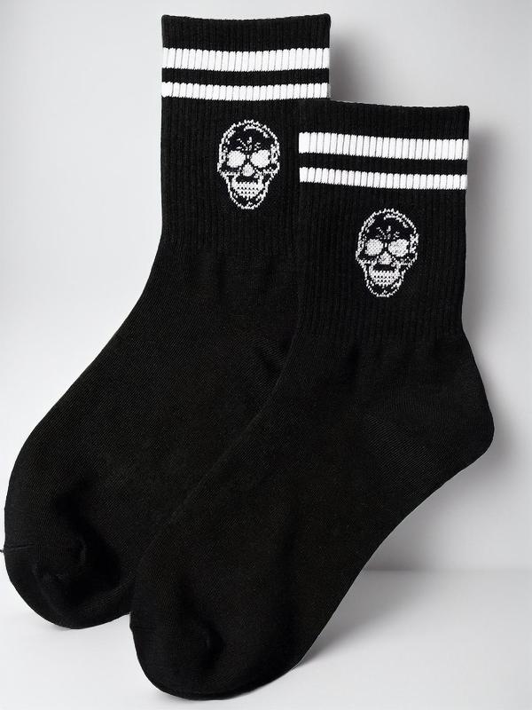 Women's 1 Pair Skull & Striped Pattern Crew Socks, Sporty Casual Mid-calf Socks, Ribbed Knit Socks for Women, Women's Socks & Hosiery