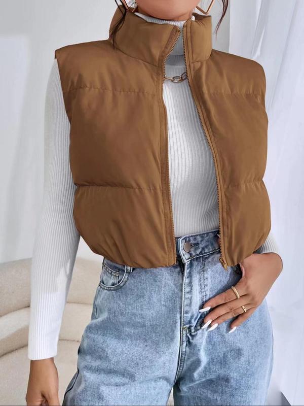 Women's Solid Color Zip Up Funnel Neck Vest Quilted Jacket, Casual Sleeveless Outerwear for Fall & Winter, Women's Clothes for Daily Wear