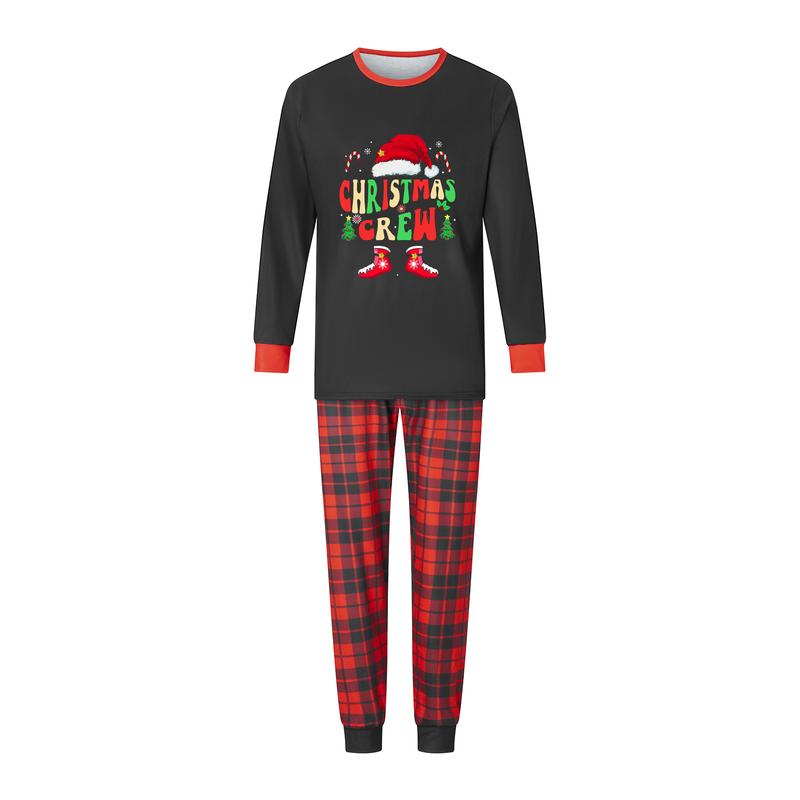 Matching Christmas Pajamas For Family Letter Santa Hat Print Long Sleeve Tops and Plaid Pants Sleepwear