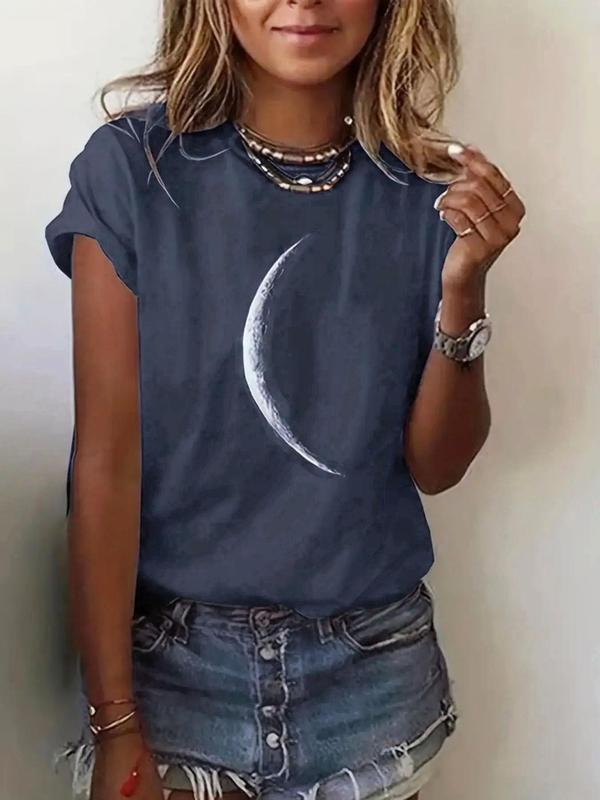 Women's Moon Print Round Neck Tee, Trendy Casual Short Sleeve Crew Neck T-shirt For Daily Wear, Ladies Summer Outfit