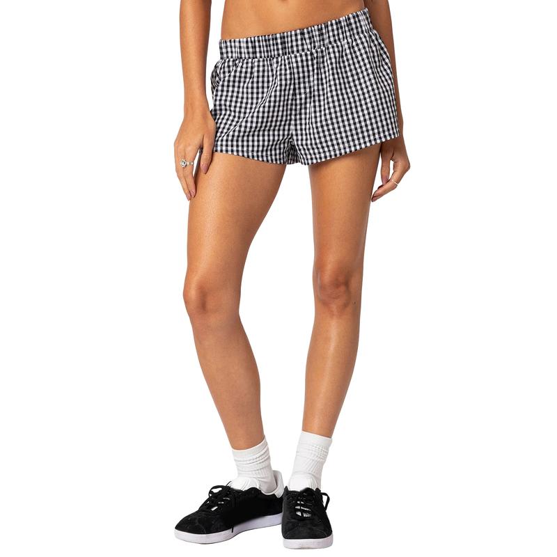 Women's Summer Casual Shorts Plaid Print Elastic Waist Loose Short Pants Pull On Lounge Shorts Womenswear Bottom