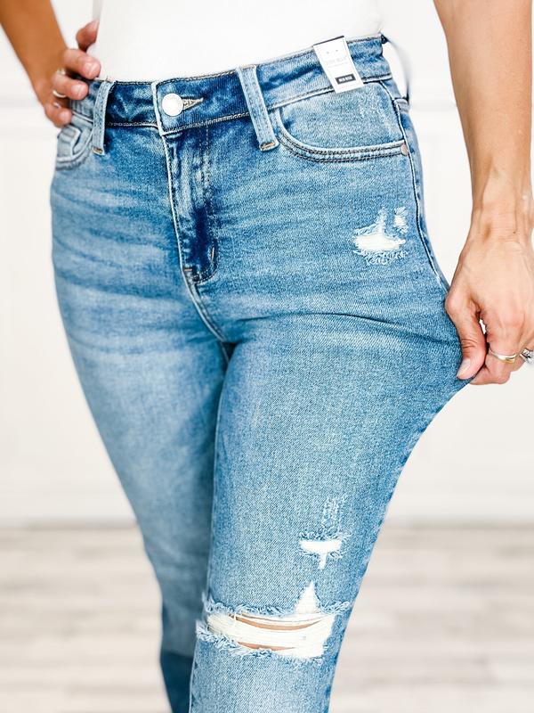 Judy Blue American Girl Mid-Rise Distressed Hem Bootcut Jeans