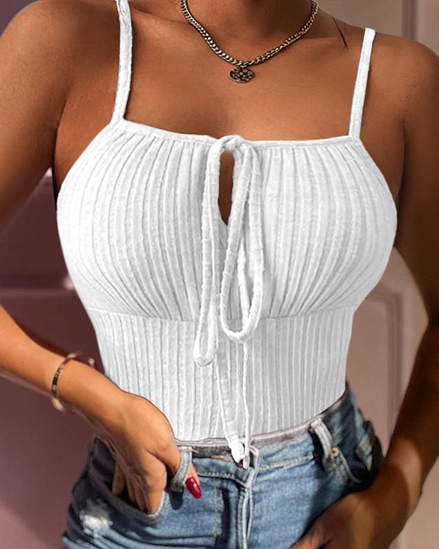 Chicme Tied Detail Ribbed Cami Top align tank croptopswomenlatina Fit Sleeve Spaghetti Spaghetti Strap