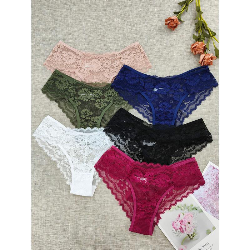 6pcs Floral Lace Briefs, Comfy & Breathable Scallop Trim Panties, Women's Lingerie & Underwear