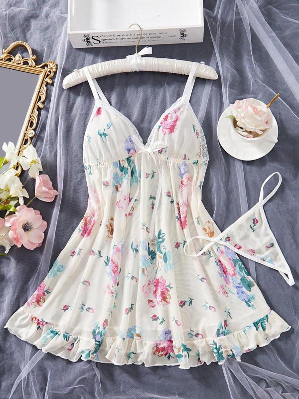 Women's Floral Print Lace Trim Bow Front Cami Nightdress & Sheer Thong Set, Casual Sweetheart Neck Ruffle Hem Nightgown & Panty, Summer Mesh Sleepwear