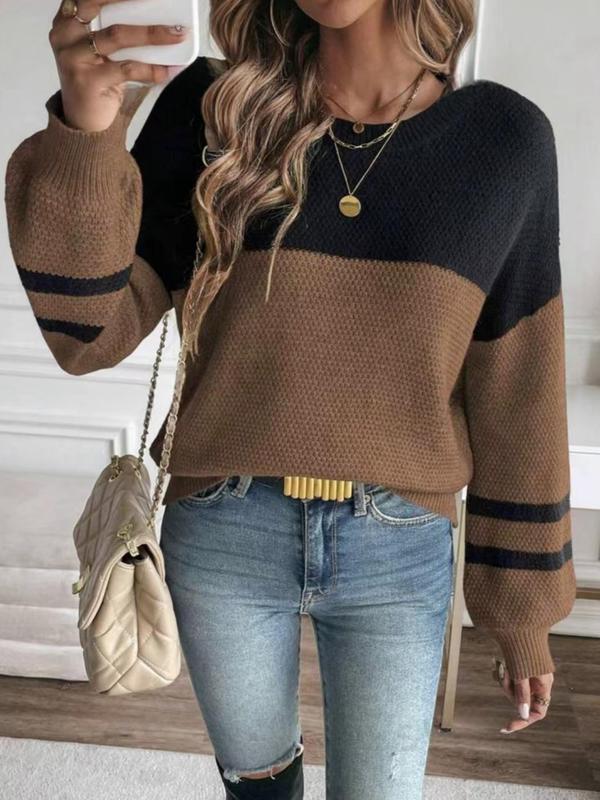 Women's Patchwork Lantern Sleeve Sweater, Casual Long Sleeve Round Neck Jumper for Fall & Winter, Fall Outfits, Fashion Women's Knitwear for Daily Wear, Sweaters for Women, Fall Sweaters, Fall Outfits, Fallfreshness