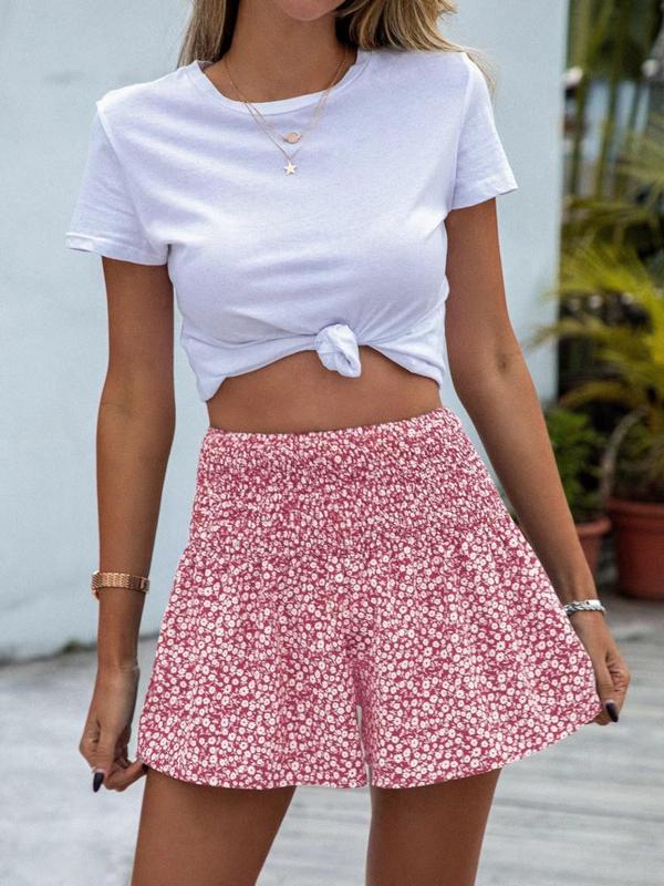 Women's Ditsy Floral Print Shirred High Waist Vintage Skort, Boho Cute Mini Skort for Beach Holiday Vacation, Ladies Summer Clothes