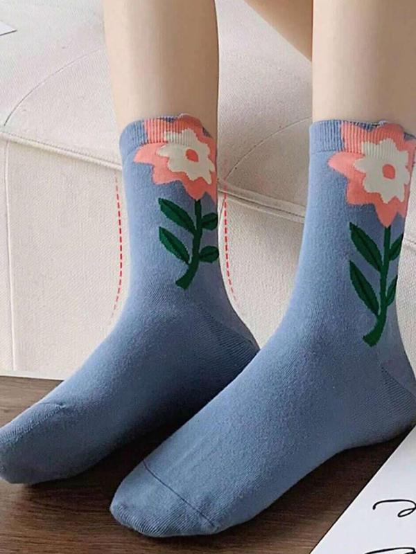 Women's 5 Pairs Floral Print Crew Socks, Fashion Casual Comfy Socks for Daily Outdoor Wear, Ladies Socks for All Seasons