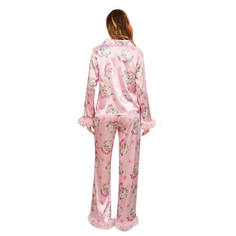 Christmas Pajamas for Women Silk Satin Lounge Sets Feather Trim Long Sleeve Shirt Pants Christmas Pjs S-XL Loungewear Nightwear