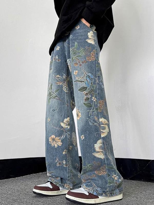 Unisex's Floral & Denim-effect Print Pocket Elastic Waist Straight Leg Pants, Street Fashion Casual Button Fly Trousers for Daily Wear, Unisex Bottoms for All Seasons