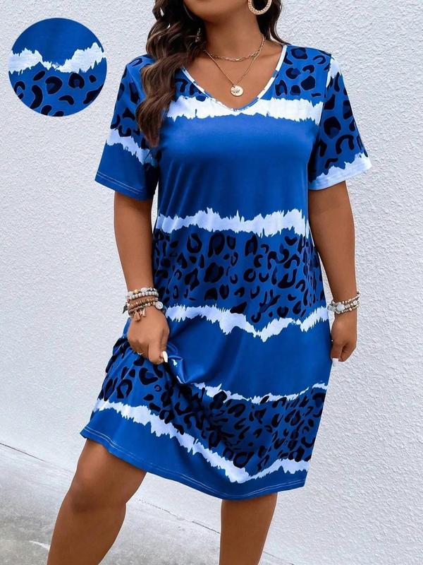 Plus Size Patchwork Leopard Print V Neck Nightdress, Casual Short Sleeve Sleep Dress for Women, Women's Sleepwear for All Seasons, Dresses for Women