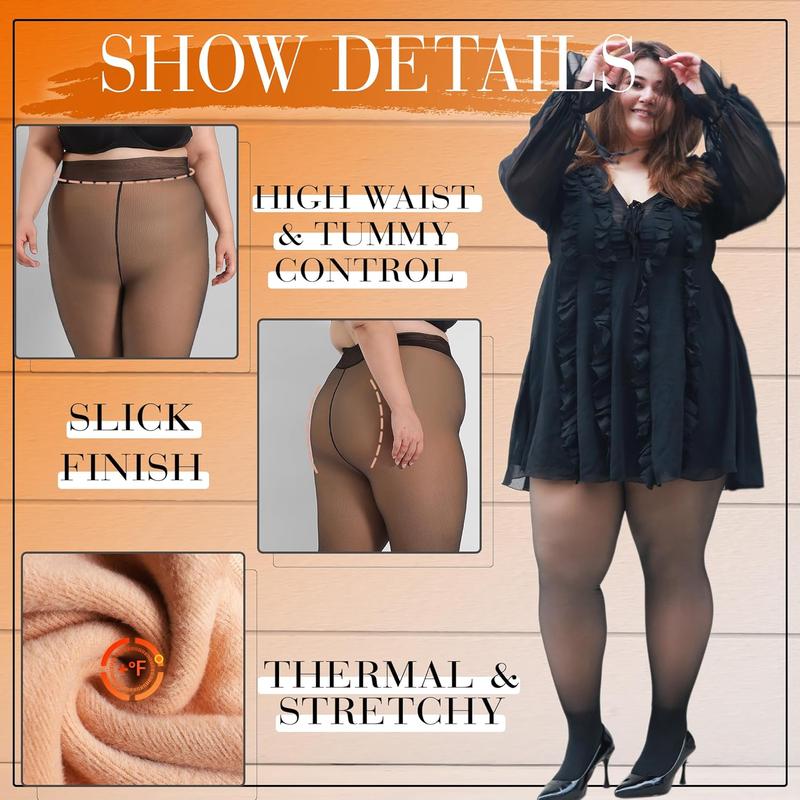 Plus Size Fleece Lined Tights for Women, Fake Translucent Warm Winter Leggings, Control Top Thermal Tights