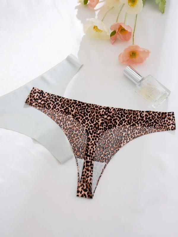 Women's Solid Color & Leopard Print Drop Waist Thong, Soft Comfy Breathable Seamless Panty for Daily Wear, Women's Underwear for All Seasons