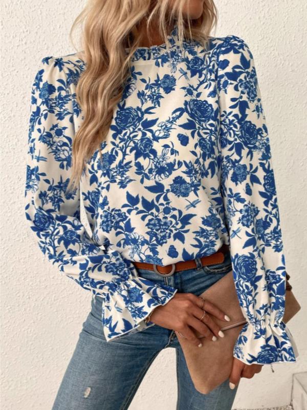 Women's Floral Print Frill Trim Flounce Sleeve Vintage Blouse, Longsleeves Womenswear, Lady Casual Mock Neck Long Sleeve Top For Spring & Fall, Comfort Women's Clothes for Daily Wear