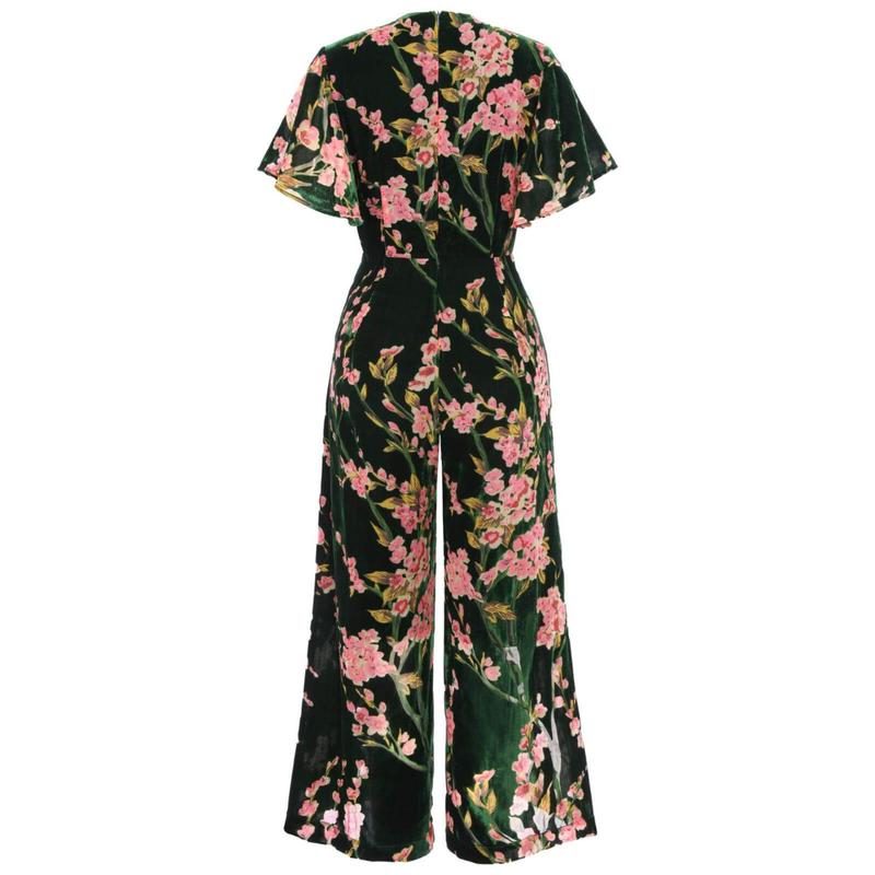 Retro Stage 1930s Green Velvet Printed V-Neck Jumpsuit Ruffled Sleeves and Cinched Waist Featuring Loose Wide-Leg Pants Perfect for Casual Outings Dates Parties and Vacations Offers an Elegant Look Accentuates the Waistline for Effortless Style romper