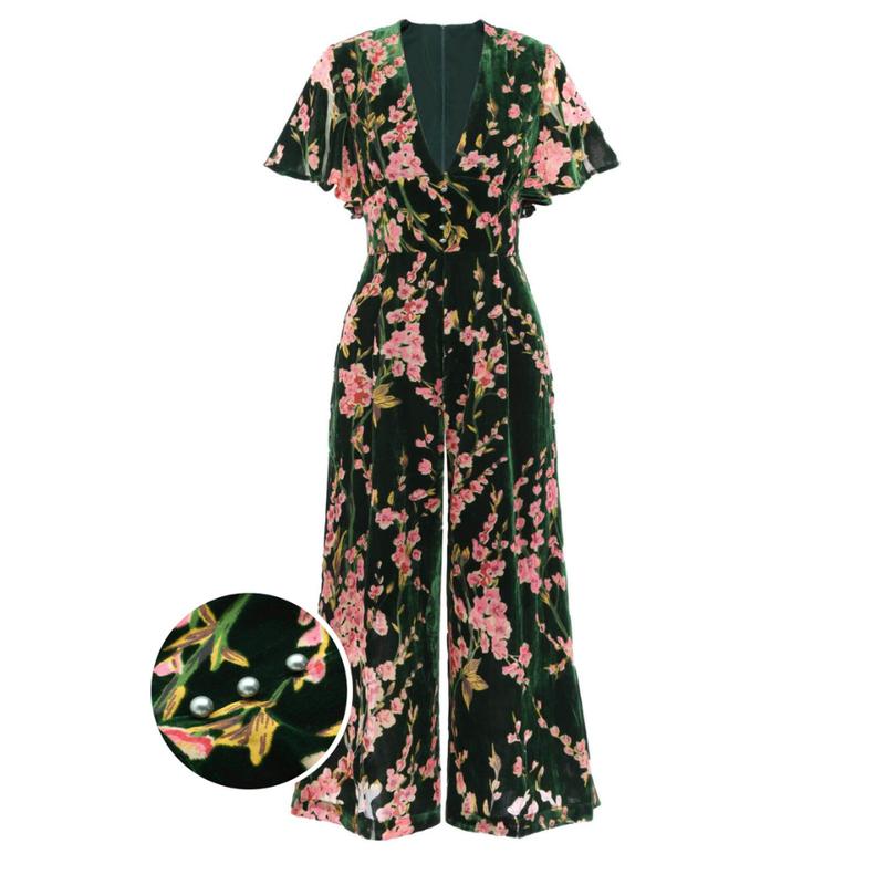 Retro Stage 1930s Green Velvet Printed V-Neck Jumpsuit Ruffled Sleeves and Cinched Waist Featuring Loose Wide-Leg Pants Perfect for Casual Outings Dates Parties and Vacations Offers an Elegant Look Accentuates the Waistline for Effortless Style romper