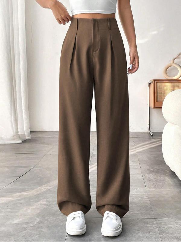 Women's Solid Plicated Pocket Straight Leg Pants, Casual Comfy Trousers for Daily Wear, Ladies Bottoms for Fall & Winter