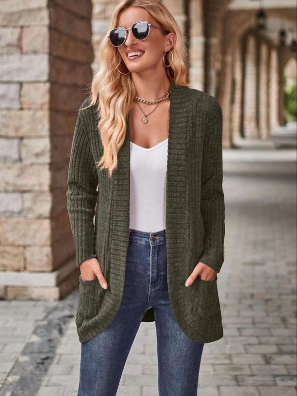  Solid Pocket Open Front Cardigan, Cardigan for Women, Casual Long Sleeve Ribbed Cardigan for Fall & Winter, Women's Plus Clothing for Daily Wear