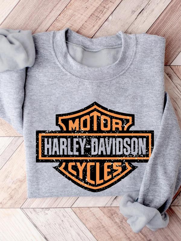 Women's Harley Davidson Motorcycle Print Crew Neck Sweatshirt, Casual Long Sleeve Pullover for Fall & Winter, Women's Clothes for Daily Wear