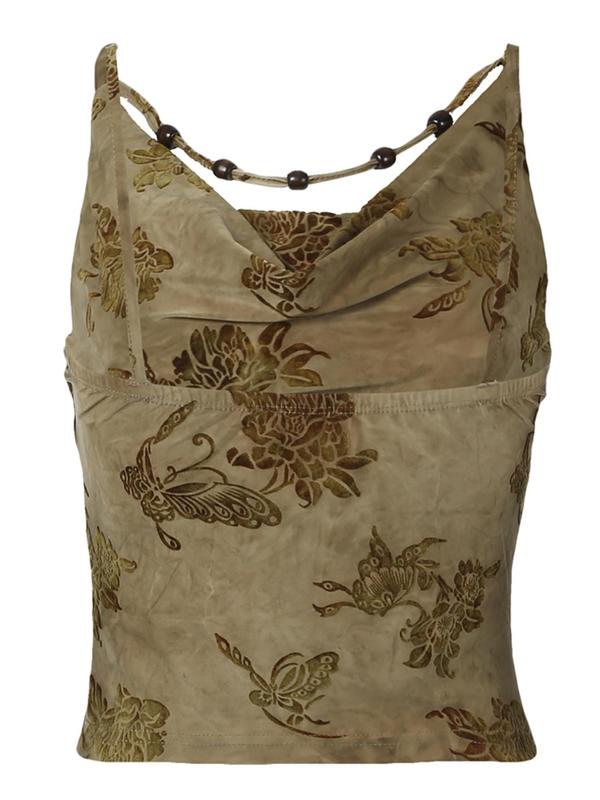 Women's Floral & Butterfly Print Beaded Decor Cowl Neck Velvet Cami Top, Y2K Casual Sleeveless Top for Spring & Fall, Women's Clothes for Daily Wear