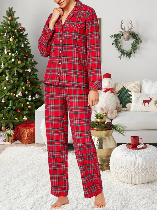 Two-Piece Set Couple's Plaid Print Button Front Pajama Set, Casual Comfy Lapel Long Sleeve Top & Elastic Waist Pants PJ Set, Couple Sleepwear for All Seasons