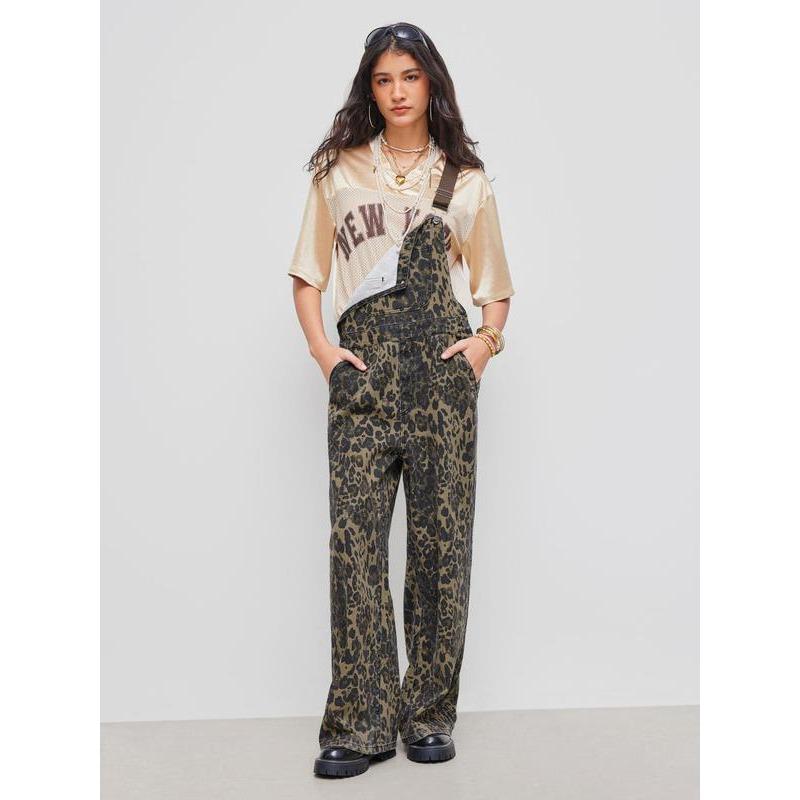 Cider [size 0-26] Denim Leopard Pocket Buckle Up Wide Leg Jumpsuit, Overalls