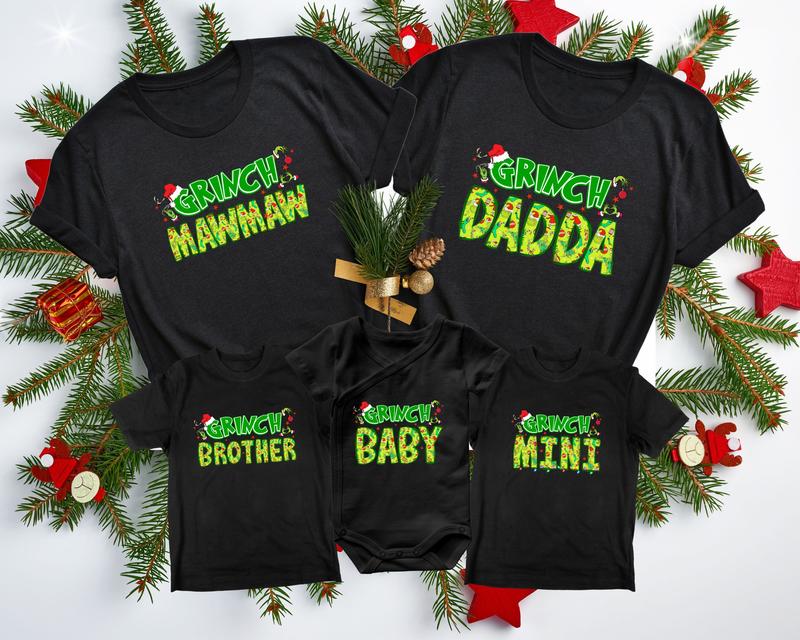 Grinch Christmas Family Shirt, Baby Mini Brother Dad Mama Grandpa Grandma Dada, Matching Family Pajama Set, Family Christmas Holiday Gift Crewneck