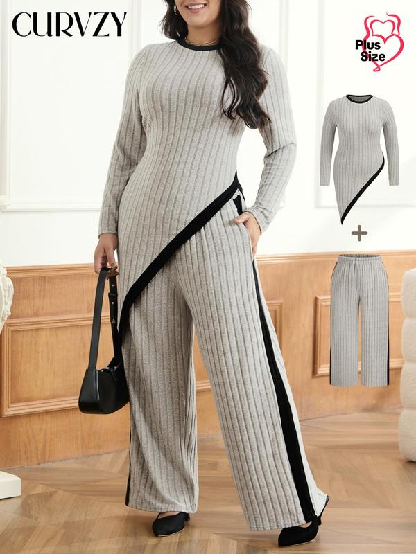 CURVZY Plus Size Two-Piece Set Colorblock Contrast Binding Ribbed Asymmetrical Top & Pocket Pants, Casual Long Sleeve Round Neck Top & Pants for Spring & Fall, Women's Clothes for Daily Wear