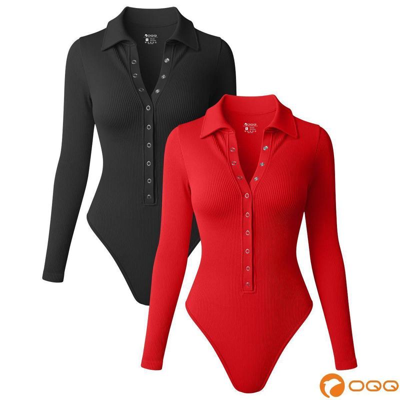 OQQ Women's  Collar Solid Buttons Down Long Sleeve V-Neck Bodysuit Spandex Womenswear