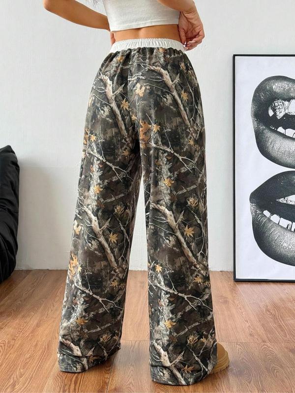 Women's Camo Print Drawstring Waist Wide Leg Pants, Casual Comfy Trousers for Daily Wear, Ladies Bottoms for Fall & Winter