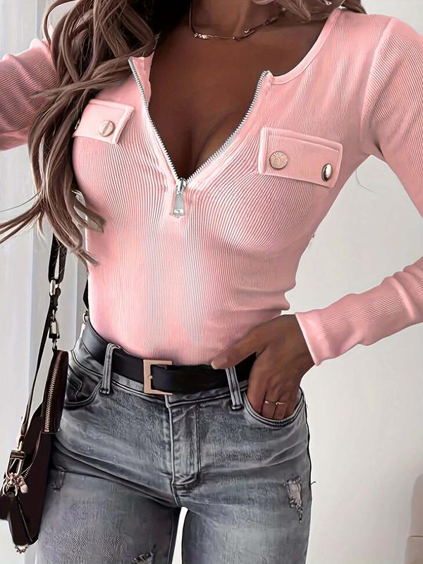 Women's Plain Half Zip Up Scoop Neck Crop Tee, Casual Long Sleeve T-shirt for Spring & Fall, Women's Clothing for Daily Wear