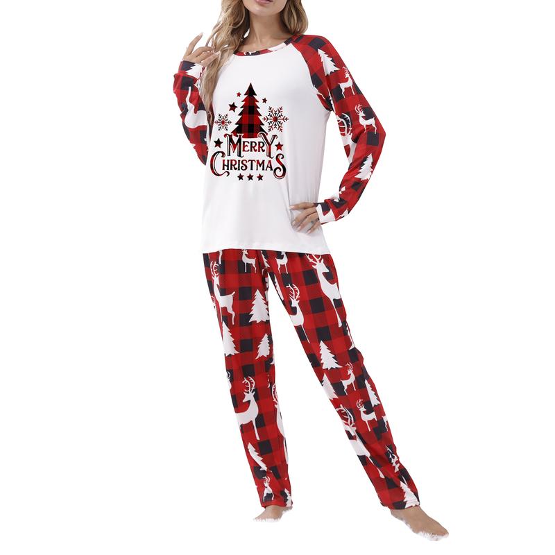 Matching Christmas Pajamas For Family, Long Sleeve Round Neck Tree Print Tops+ Trousers Suit  Infants Romper Clothing Womenswear