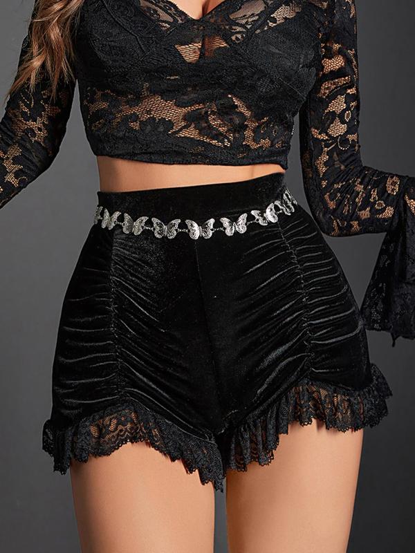 Women's Contrast Lace Ruched Velvet Shorts without Waist Belt, Goth Asymmetrical Hem High Waist Skinny Shorts for Party Holiday Vacation, Girly Clothing, Ladies Bottoms for All Seasons, Shorts for Women