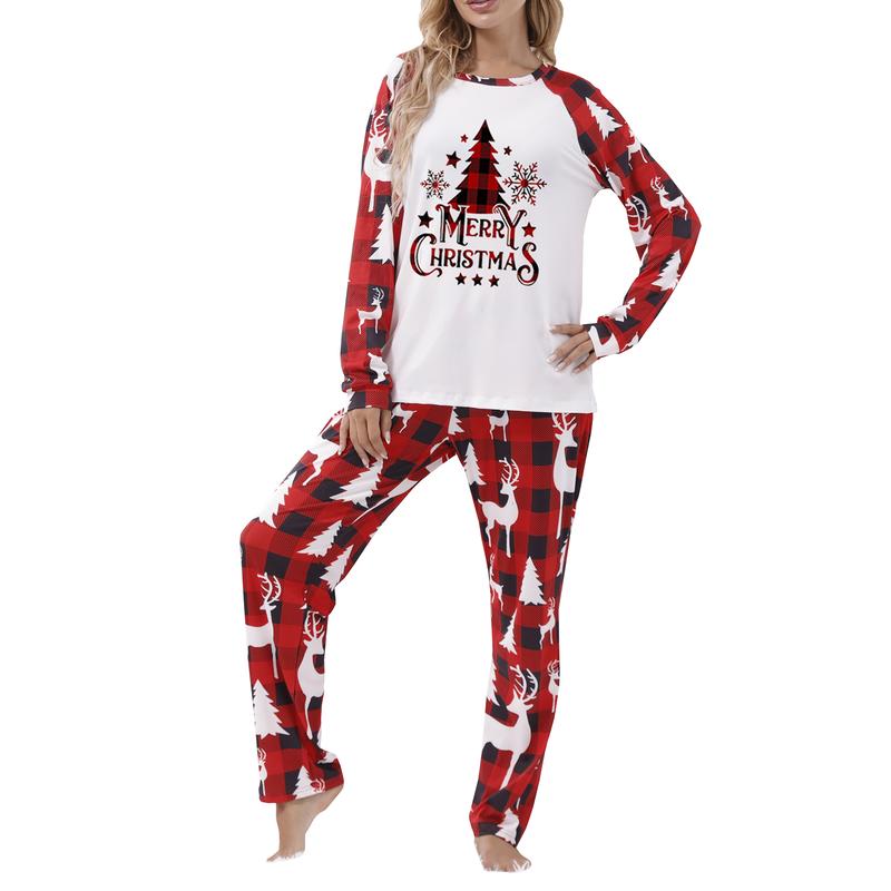 Matching Christmas Pajamas For Family, Long Sleeve Round Neck Tree Print Tops+ Trousers Suit  Infants Romper Clothing Womenswear