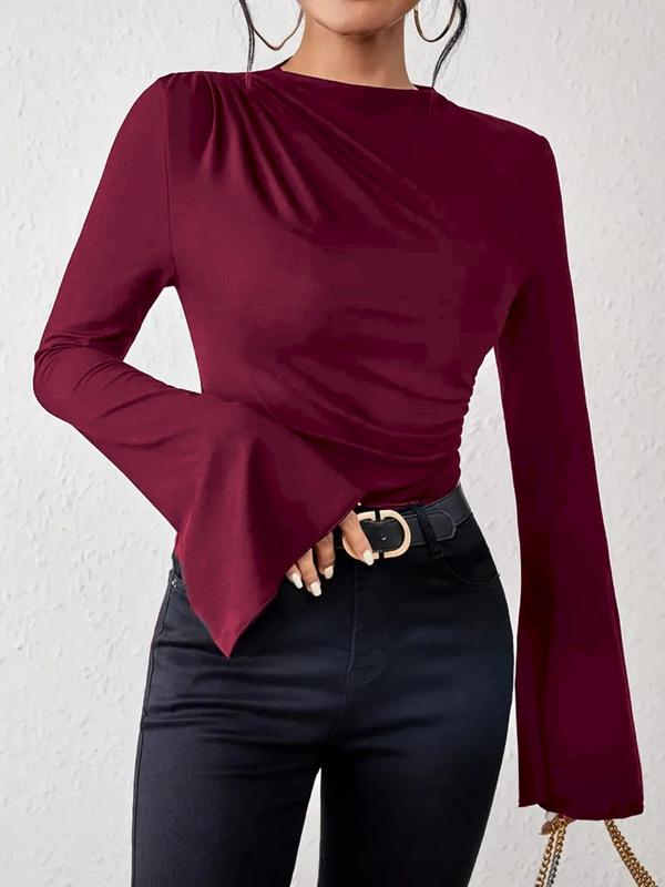 Women's Plain Ruched Flounce Sleeve Tee, Elegant Long Sleeve Stand Collar T-Shirt for Spring & Fall, Women's Top for Daily Wear