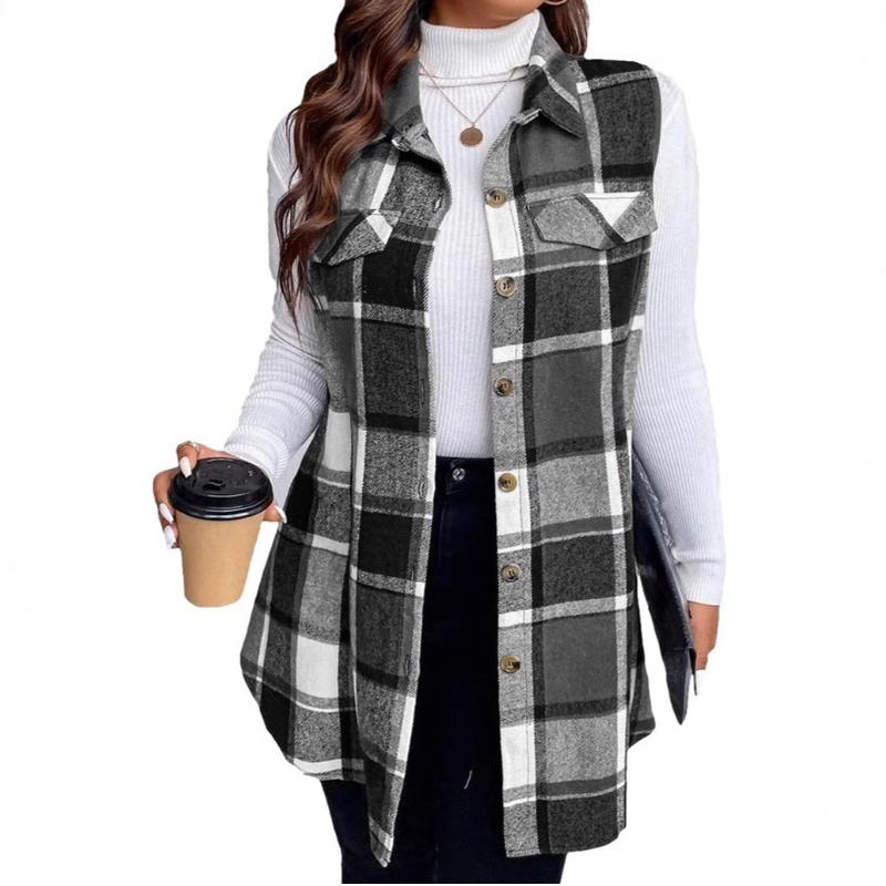 Autumn and Winter New Women's Clothing Fashion Plaid Sleeveless Lapel Side Pocket Shirt Vest Womenswear Tops