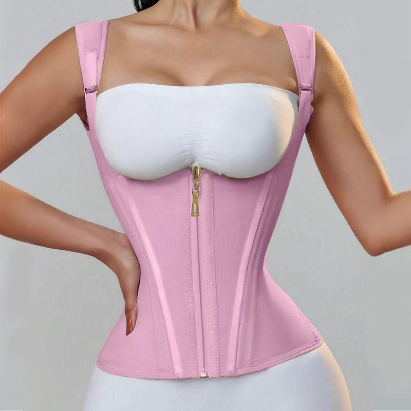 Sporty Women's Solid Color Zipper Open Bust Sports Waist Trainer Shapewear, Adjustable Hook & Eye Front Waist Cincher, Sports Tummy Control Compression Shaper, Workout Accessories