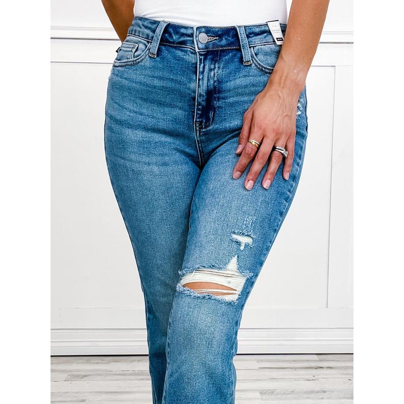 Judy Blue American Girl Mid-Rise Distressed Hem Bootcut Jeans