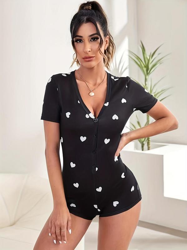 Women's Heart Print Button V Neck Sleep Romper, Casual Comfy Stretchy Short Sleeve PJ Romper for Daily Wear, Ladies Sleepwear for All Seasons