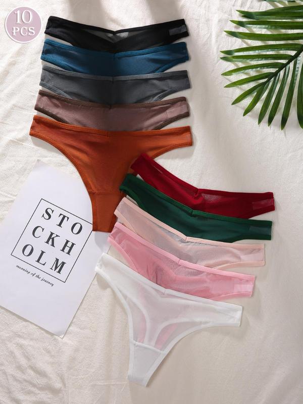 Women's Solid Color Sheer Thong, Soft Comfy Breathable Drop Waist Panty for Daily Wear, Women's Underwear for All Seasons